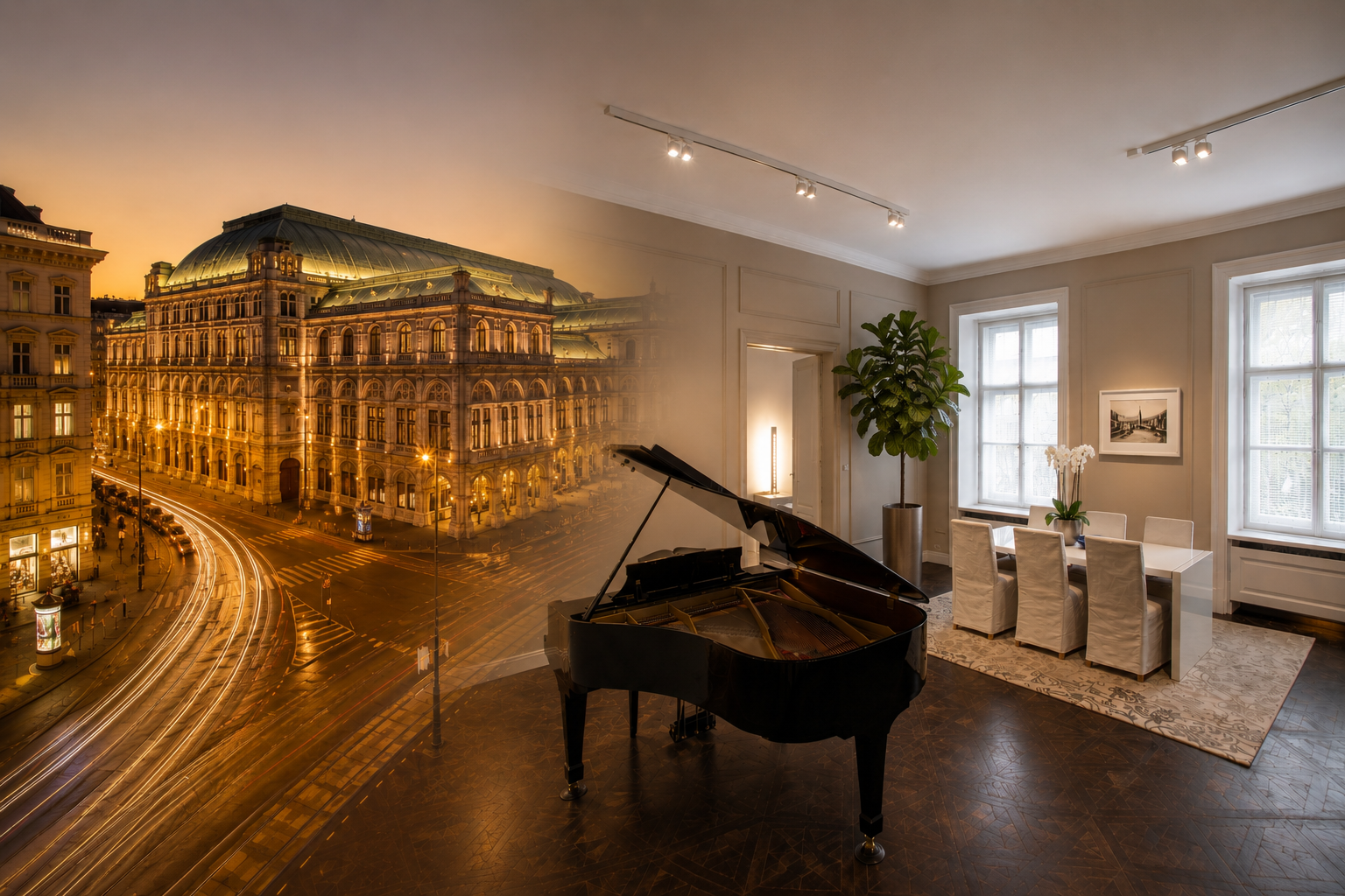 Elegant dining room with a grand piano overlooking the illuminated Vienna State Opera at dusk